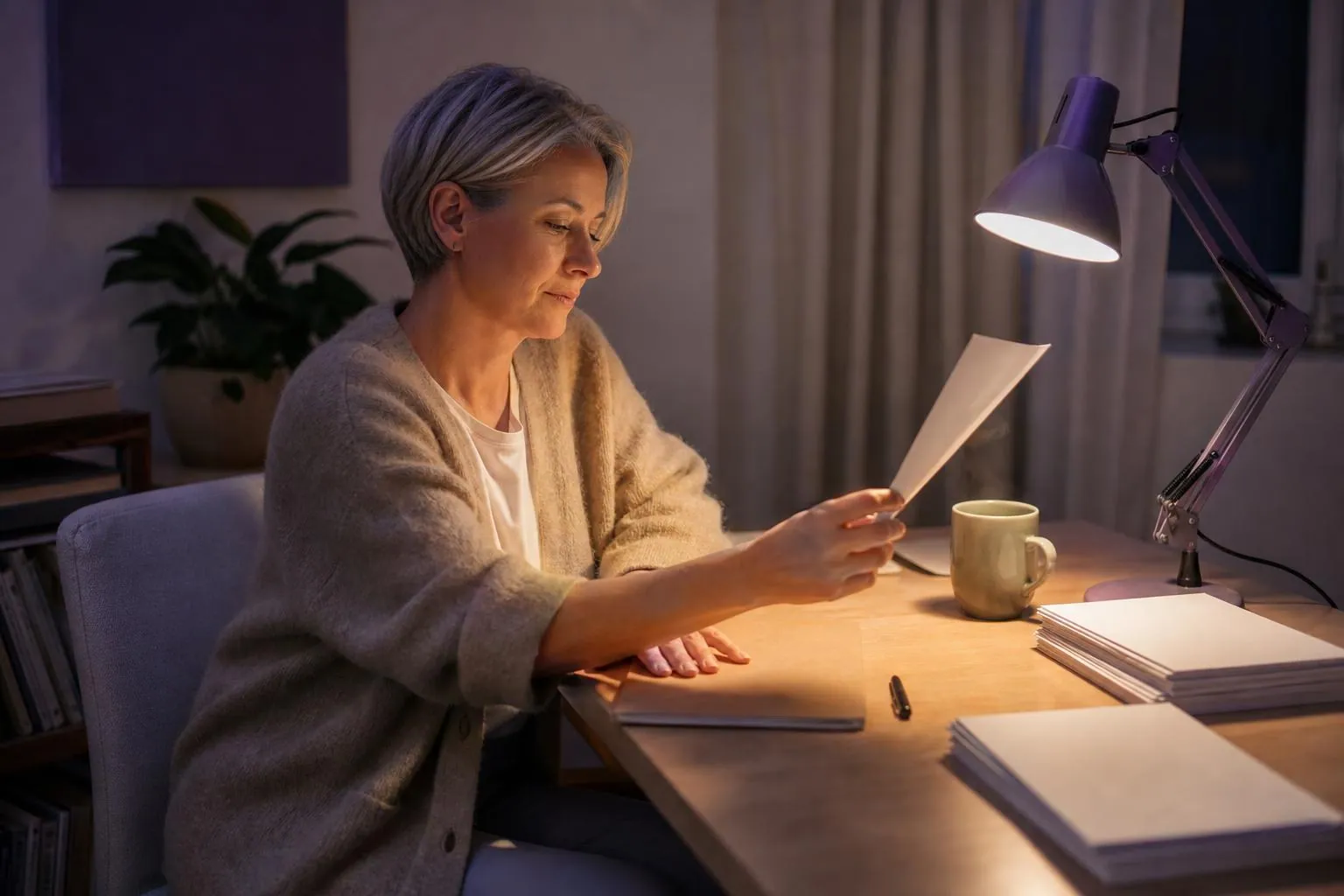 Psychologue installée à sa table le soir sous une lampe de bureau, feuillets et tasse de tisane, cabinet silencieux