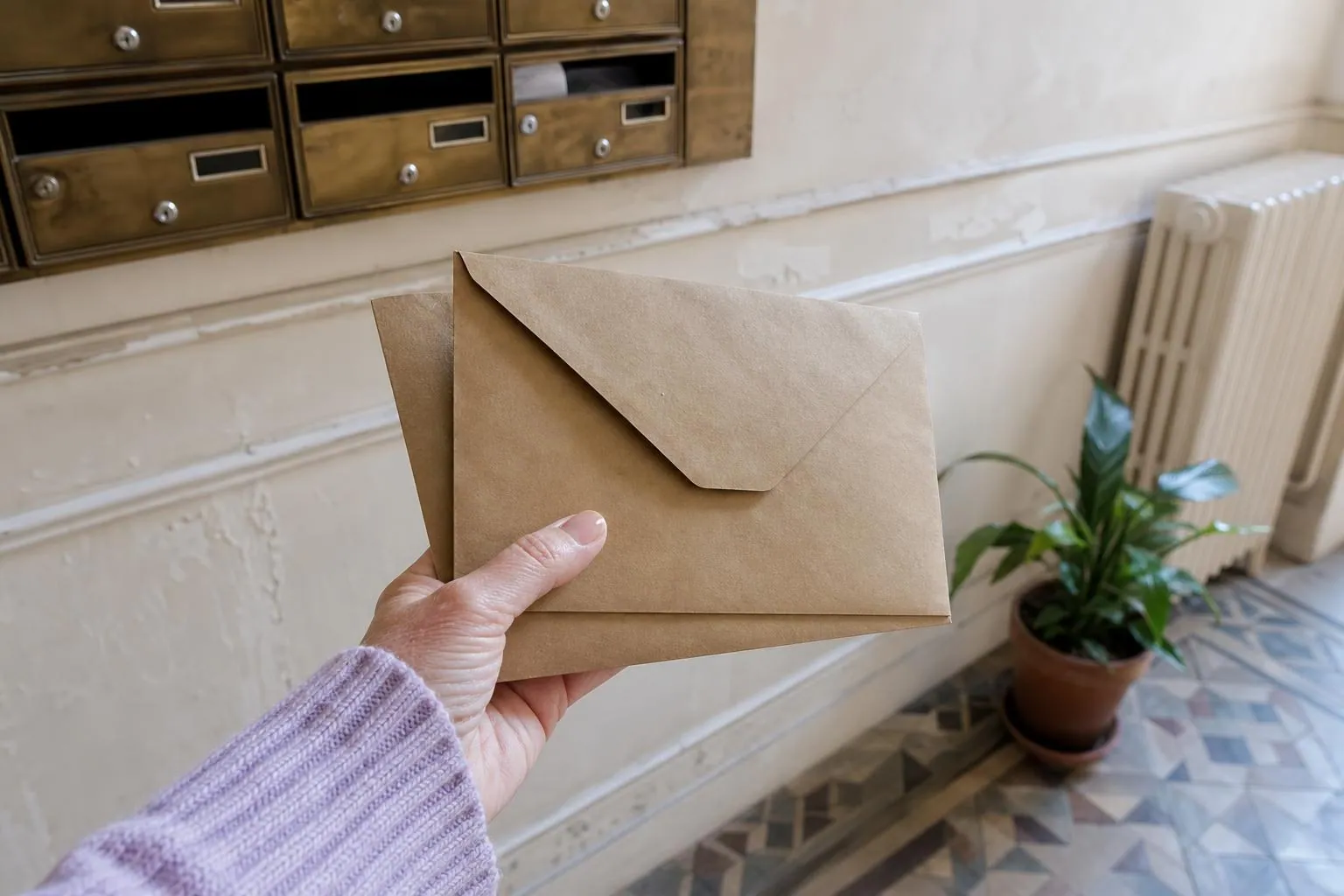 Main tenant deux enveloppes kraft devant une boîte aux lettres en laiton dans le hall d’un immeuble ancien