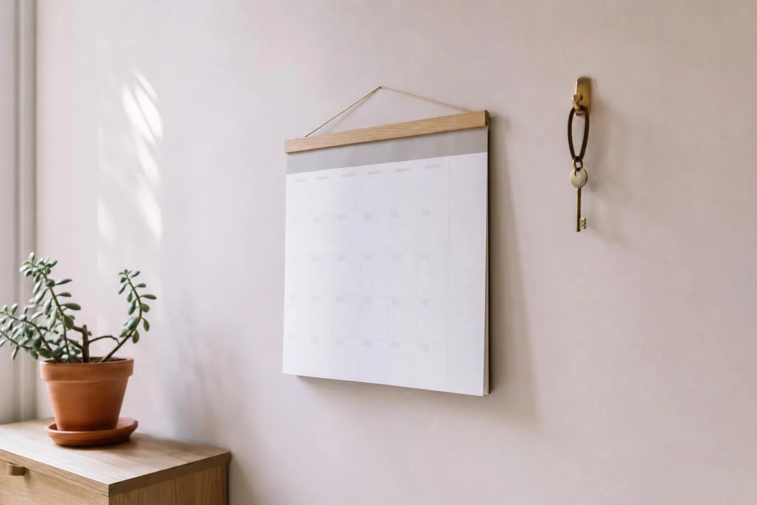 Calendrier mural en papier accroché près d’une fenêtre, à côté d’une plante en pot et d’un crochet portant une clé