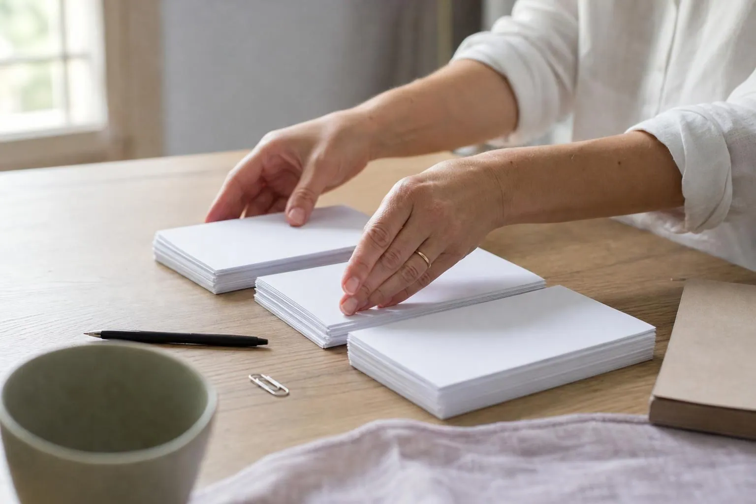 Mains d’une psychologue triant des feuillets administratifs en trois piles sur une table en chêne clair, à la lumière du matin