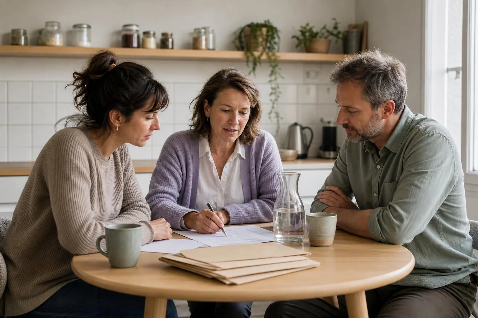 Trois psychologues assis autour d’une table de cuisine de cabinet partagé, dossiers et tasses posés devant eux en fin de journée