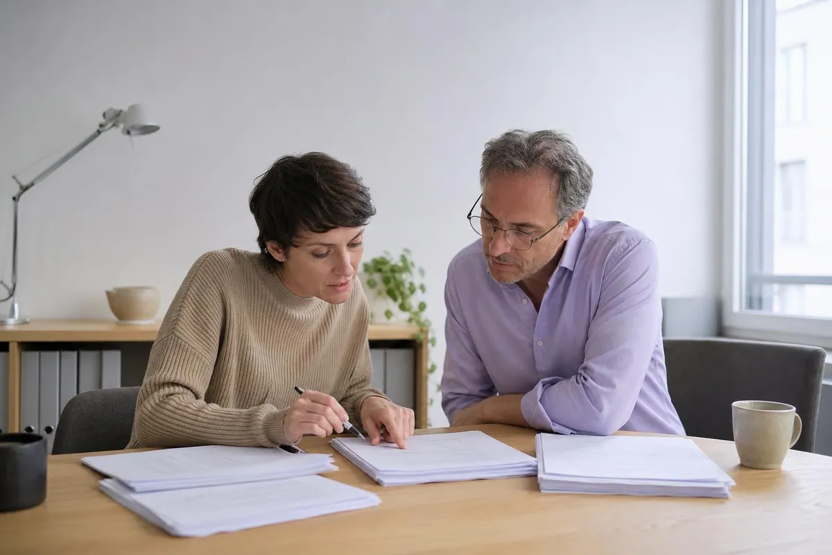 Deux psychologues d’un cabinet partagé assis à une table de bureau, comparant des relevés papier et des talons de feuilles de soins